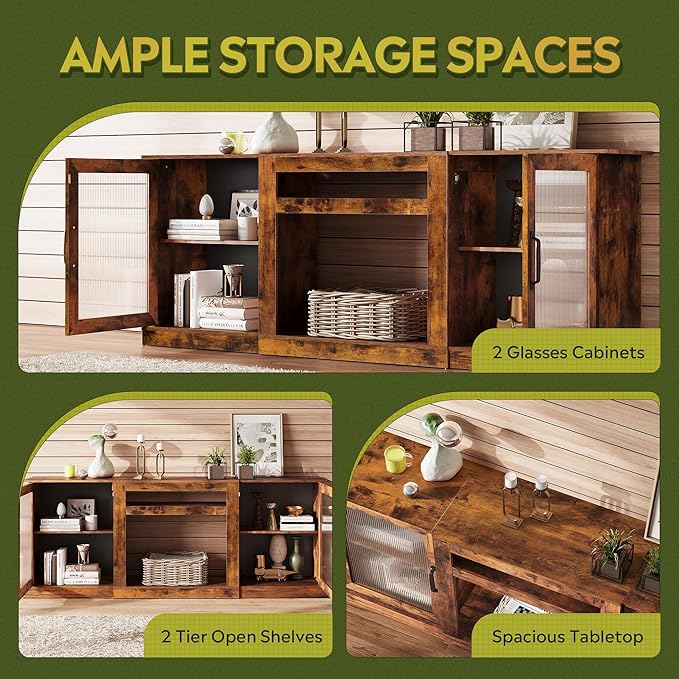 WLIVE Farmhouse TV Stand for 75 inch TV, Entertainment Center with Storage Cabinets, Mid Century Modern TV Console for Living Room, Bedroom, Rustic Brown