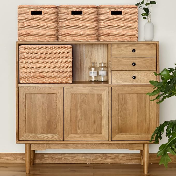 Rattan Basket With Lid, Large Lidded Basket For Storage(18.9" L×15.35"W×14.17"H)