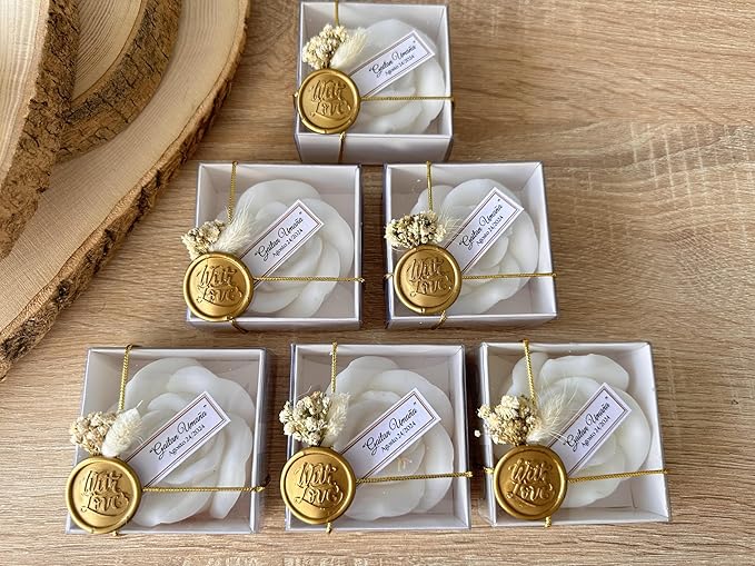 Handcrafted Rose Shaped Scented Soy Wax Candle Favors with Seal Wax and Dried Flowers - Personalized for Weddings, Bridal Showers, Baby Showers, Birthdays (10-20-30-40-50-100 PCS in Bulk)