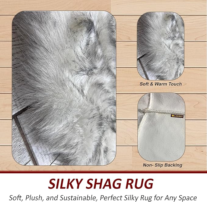LAMBZY Faux Sheepskin Super Soft Free Shape Silky Shag Rug, Luxury Shaggy Silky Plush Carpet for Bedrooms Rugs Living Room Sofa Floor Rugs (4 Pelts 4'x6', 120cm X 180cm White with Black Tips)