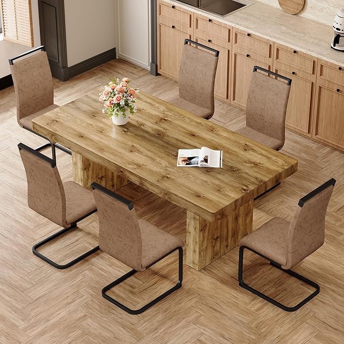 Dining Room Table Set for 6, 79" Wood Dining Table Sets and 6 Chairs, Farmhouse Kitchen Table with 3.5" Thick Top and Heavy Duty Legs,Easy Assembly,Ideal for Dining Room,Brown