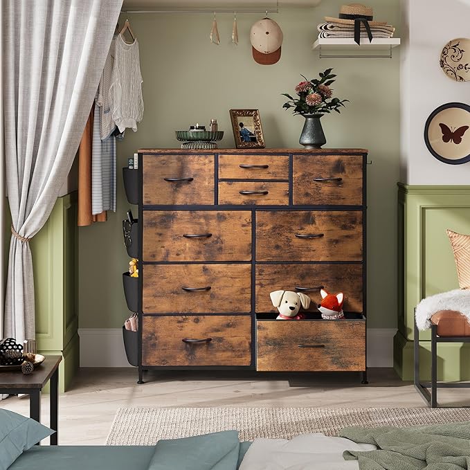 WLIVE Fabric Dresser for Bedroom with 10 Drawers, Chest of Drawers with Side Pockets and Hooks, Sturdy Metal Frame, Drawers Organizer Unit for Living Room, Hallway, Rustic Brown Wood Grain Print