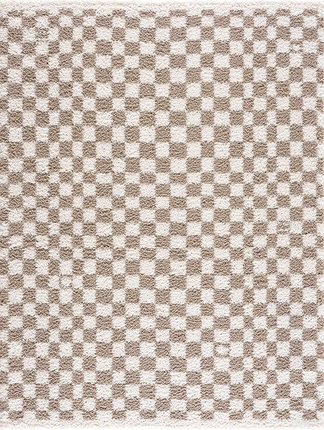 Hauteloom Kieu Contemporary Checkered Fluffy Shag Runner Rug - Modern Geometric Soft Carpet Tiles for Hallway, Kids Room, Nursery - Gray, Taupe, White - 2'7" x 7'3"