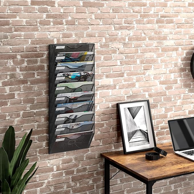 10 Tier Hanging Wall File Holder, Metal A4 Wall Mounted Document Holder, Vertical Hanging Mail Organiser, Magazine Storage Rack with Tray for Office Home Classroom, Black