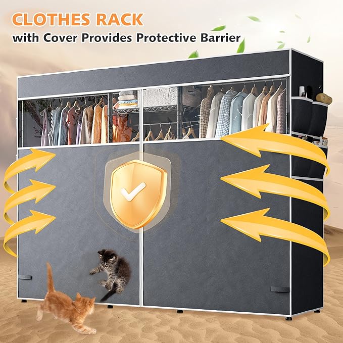 Raybee Heavy Duty Clothes Rack with Cover Clothing Rack for Hanging Clothes,Portable, Adjustable,Metal,Max Load 900lbs,Black