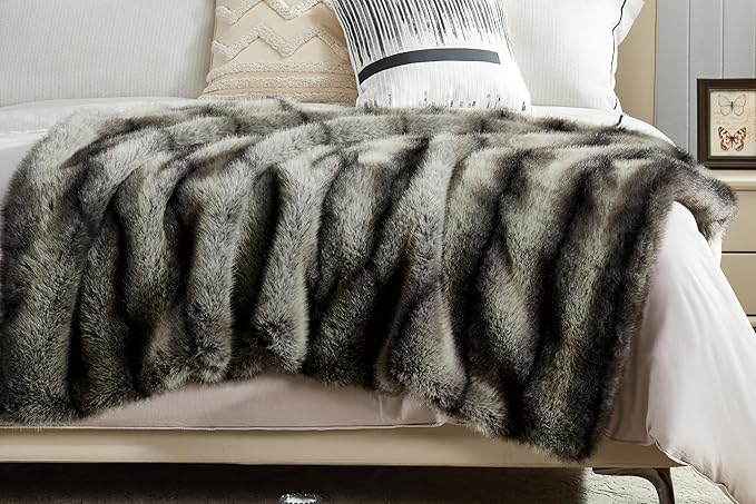 JONIYEAR High-end Premium Fuzzy Faux Wolf Fur Throw Blanket 50" x 60", Luxury Cozy Accent Thick Animal Skin Fluffy Fox Blanket for Couch Sofa, Soft Warm Gray Bear Furry Blankets for Winter, Black Grey