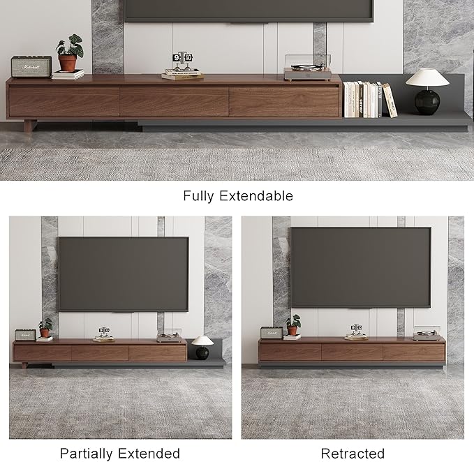 Mid-Century Modern Extendable TV Stand with Ample Storage for Living Room – Adjustable TV Cabinet from 78.7" to 130", 3-Drawer Entertainment Center, Walnut