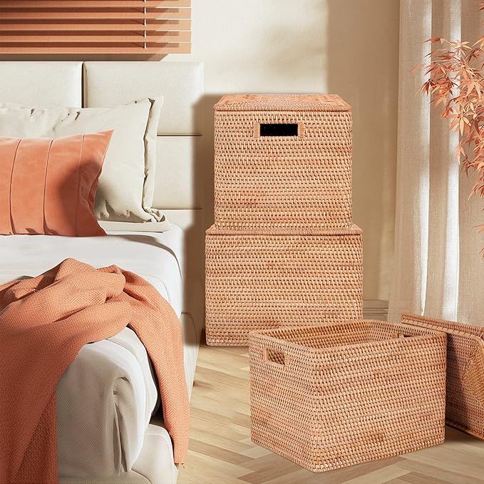 Rattan Basket With Lid, Large Lidded Basket For Storage(15.7" L×13"W×11.8"H)