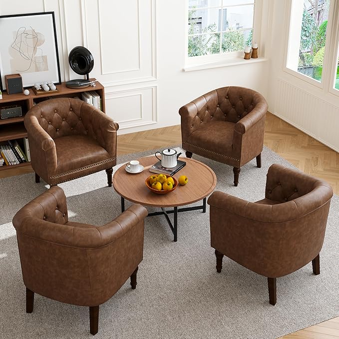 Accent Chair, Upholstered Faux Leather Barrel Chair with Nailed Trim, Comfy Club Armchair for Reading Living Room Bedroom Waiting Room (Rust, Set of 2)