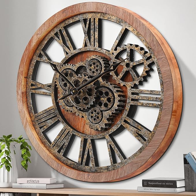 HOIBAI Large Wall Clock, Wall Clocks for Living Room Decor 20 Inch Farmhouse Vintage Rustic Kitchen Wall Decor Vintage Roman Oversized Wall Clock for Home Bedroom House, Moving Gears Clock