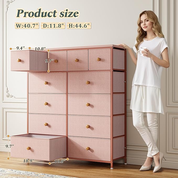 Dressers for Bedroom with 12 Drawers, Fabric Dressers & Chests of Drawers, Sturdy Metal Frame, Wood Top, Entryway, Bedroom Furniture (Pink)