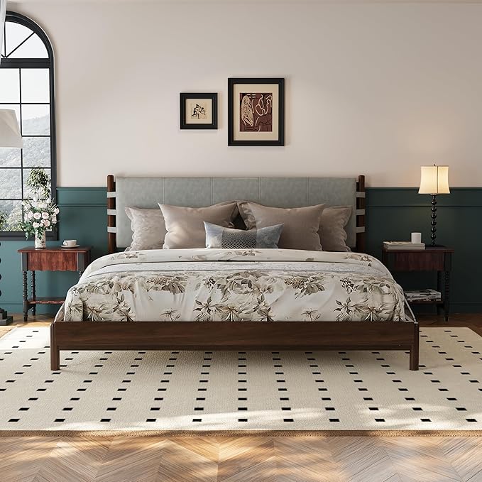 King Size Platform Bed Frame with Headboard, Premium Rubber Wood Mid Century Modern Bed, Sturdy Slat Support, Easy Assembly (Mattress Not Included) (Light Walnut, King)