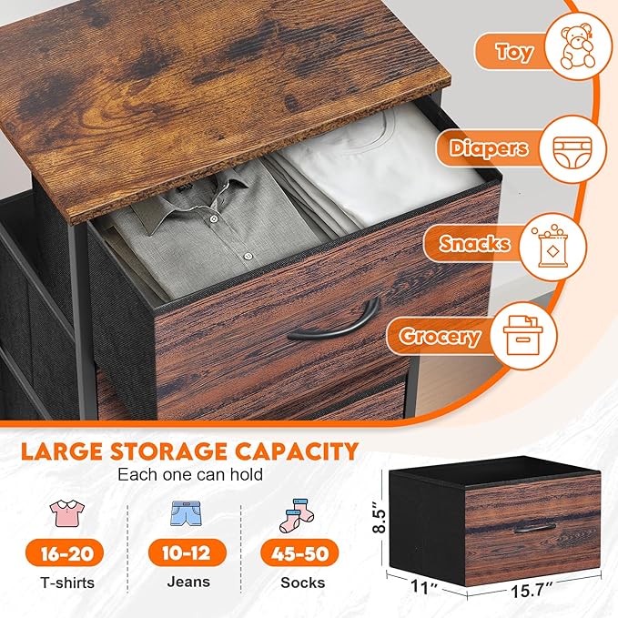 5 Fabric Drawer Dresser for Bedroom, Chest of Drawers with Waterproof Wood Top Tall Dresser for Hallway, Living Room, Kid Room (Rustic Brown)