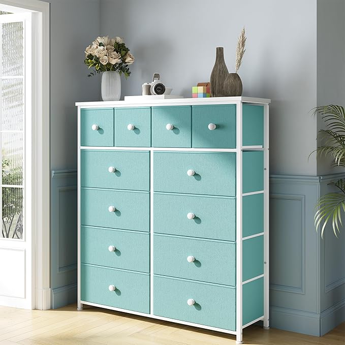 Dresser for Bedroom with 12 Drawers, Fabric Dressers & Chest of Drawers with Sturdy Metal Frame, Wood Top, for Woman, 40.6" W x 11.8" D x 44.5" H (Turquoise)