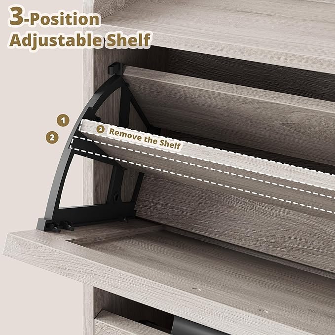 IRONCK Farmhouse Shoe Storage Cabinet with 4 Flip Drawers, Freestanding Shoe Organizer with Adjustable Shelf for Entryway, Narrow Shoe Rack Cabinet for Hallway, Living Room, Gray