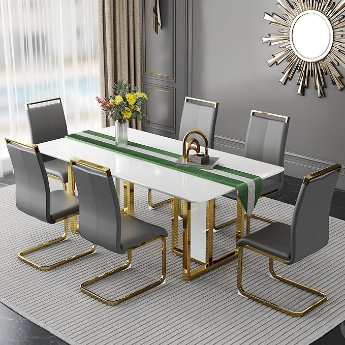 67-inch Modern Dining Table Set for 6 with 1.8 Inch Faux Marble Table Top & 6 PU Leather Chairs, White Luxury Kitchen and Dining Room Furniture Set