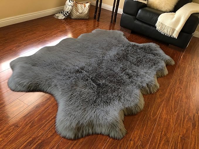 Free Shape Luxury Soft Fluffy Shag Area Rug Single Quarto 4 Pelts 4'x6',120x180 cm - Vegan Fur Ultra Soft Indoor Carpet Nursery Rugs for Bedroom Home Decor, Dark Grey