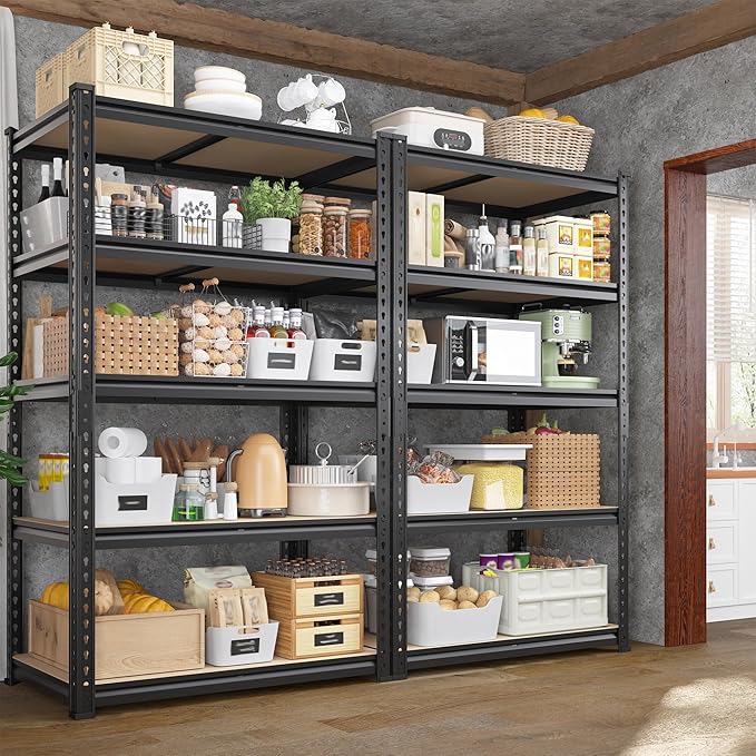 Set of 2 Storage Shelves 27.7"W Metal Shelving 2010LBS Garage Shelving Heavy Duty Garage Shelves Adjustable 5 Tier Metal Shelf for Pantry Kitchen Closet Basement Warehouse 11.9"D×27.7"W×60"H