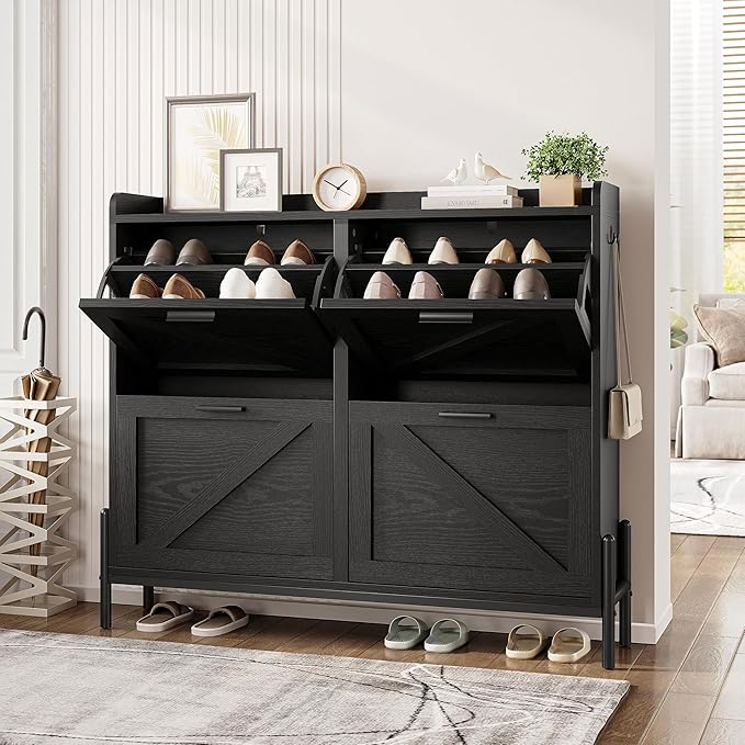 IRONCK Farmhouse Shoe Storage Cabinet with 4 Flip Drawers, Freestanding Shoe Organizer with Adjustable Shelf for Entryway, Narrow Shoe Rack Cabinet for Hallway, Living Room, Black