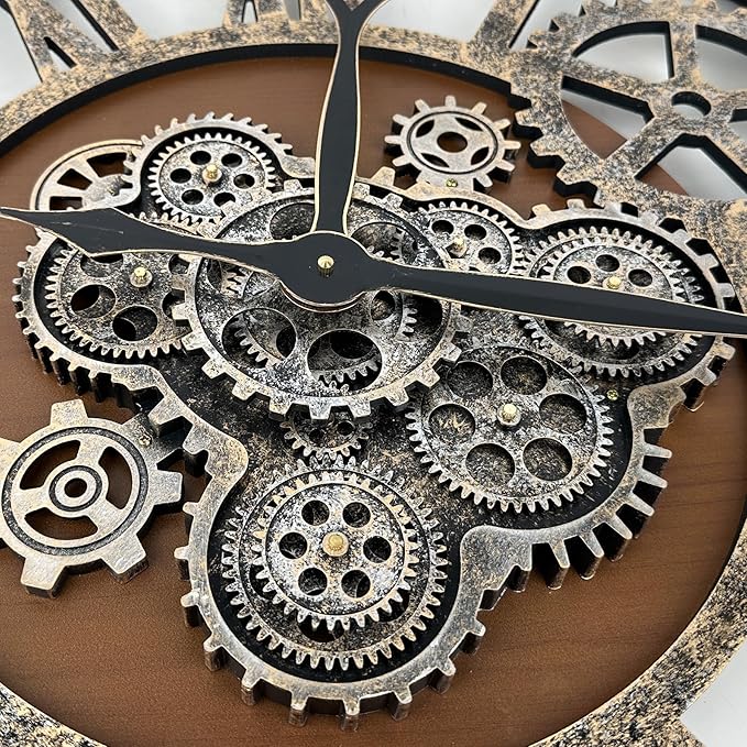 The B-Style Large Real Moving Gears Wall Clock 30 inch Rustic Retro Industrial Farmhouse Wood Clock Oversized Decorative Vintage Wall Clocks for Living Room (Drak Brown and Bronze)
