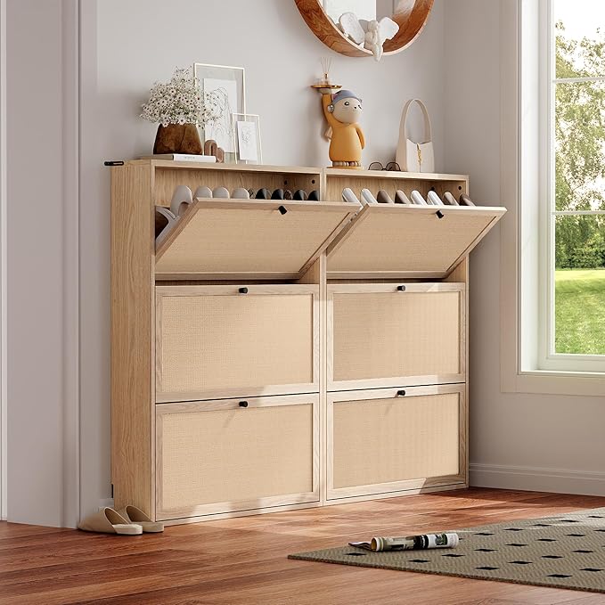 Shoe Storage Cabinet with 3 Flip Drawers, Narrow Wood Shoes Cabinet with Linen Doors Drawer, Freestanding Shoe Organizer Slim Shoe Cabinet Storage Shoe Rack for Entryway Hallway (Natural)