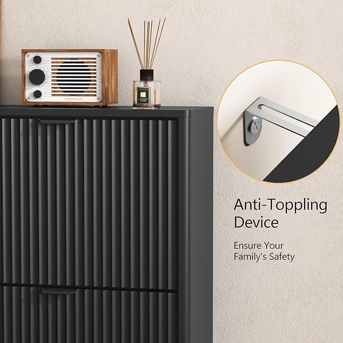 Shoe Cabinet Storage for Entryway with 2 Flip Drawers, Black Fluted Shoe Cabinet with Open Storage, Wooden Hidden Shoe Rack Freestanding Narrow Slim Shoes Organizer for Hallway, Entrance