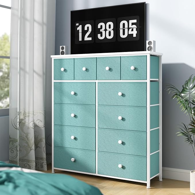 Dresser for Bedroom with 12 Drawers, Fabric Dressers & Chest of Drawers with Sturdy Metal Frame, Wood Top, for Woman, 40.6" W x 11.8" D x 44.5" H (Turquoise)