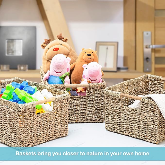 Large Wicker Storage Basket with Wooden Handles, Seagrass Basket for Shelves, Natural Wicker Bin With Handle for Storage 14.5 x 10.3 x 7.5 inches