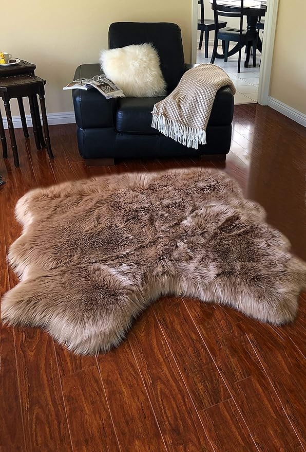 Free Shape Luxury Soft Fluffy Shag Area Rug Double Side by Side 3'x4', 90x120cm - Vegan Fur Ultra Soft Indoor Carpet Nursery Rugs for Bedroom Home Decor, Camel