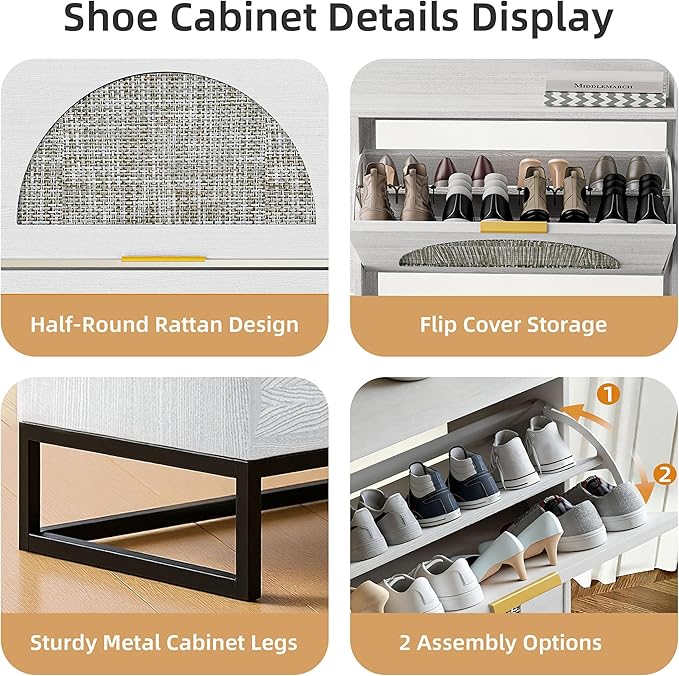 Large Shoe Cabinet Storage for Entryway Hidden Rattan Shoe Cabinet with 4 Flip Drawers Freestanding for Entryway、Hallway Beige
