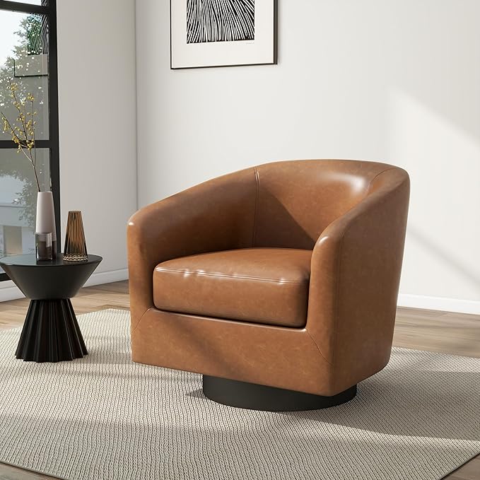 Swivel Barrel Chair, Modern Round PU Leather Accent Armchair for Living Room, Bedroom, Oversized Comfy Club Reading Chairs for Adults (Leather Brown, Set of 1)