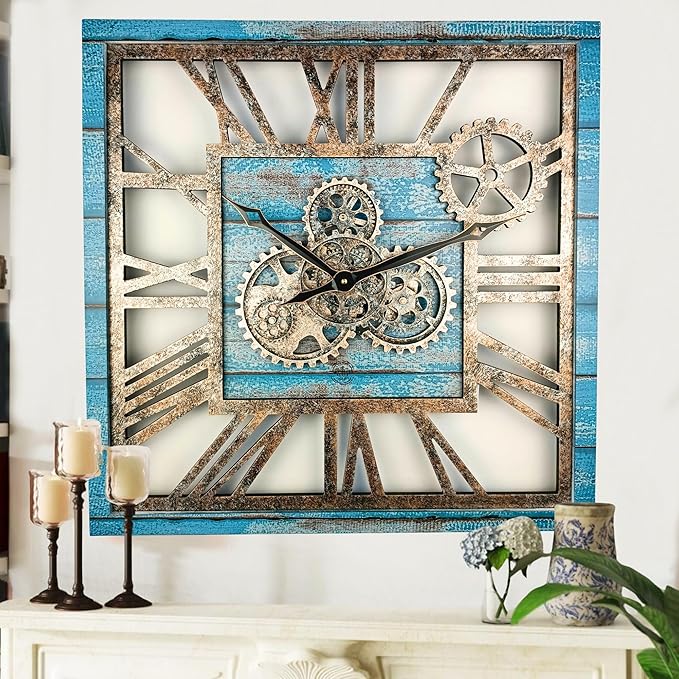 The Gears Clock 24'' Inch Square Real Moving Gear Wall Clock Vintage Industrial Oversized Rustic Farmhouse (Ocean Blue)