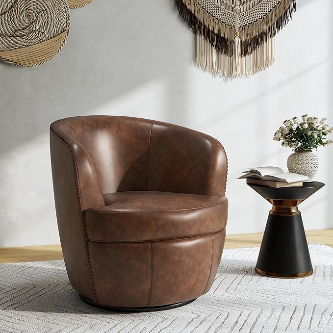 Swivel Barrel Chair, Modern Round PU Leather Accent Armchair for Living Room, Bedroom, Comfy Club Reading Chairs for Adults (Leather Coffee, Set of 2)