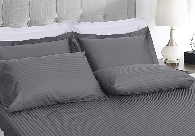 Threadmill 100% Cotton Sheets for Full Size Bed - 600 Thread Count Full Bed Sheets Set with 16” Deep Pocket - Damask Stripe Sateen Weave 4-Piece Bedding Set with Cooling Effect, Dark Grey