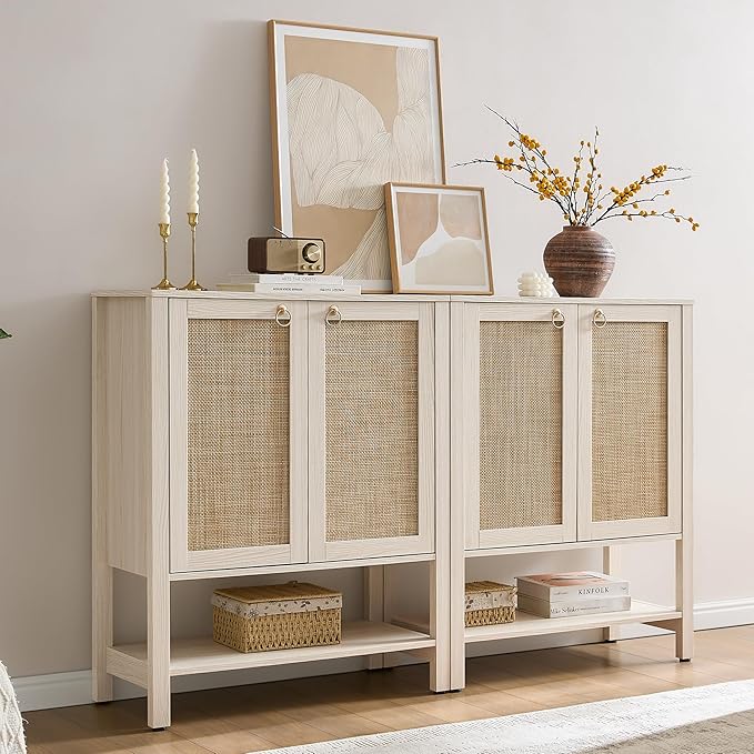 SICOTAS Shoe Cabinet with Storage - 3 Pieces Farmhouse Shoe Organizer with Rattan Doors & Shelves, 5 Tier Free Standing Shoe Rack Storage Cabinet for Entryway, Living Room, Closet (White Cream Oak)