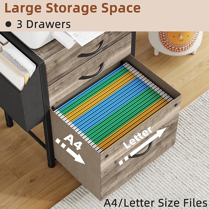 3 Drawer File Cabinet with Charging Station, 3-Tier Tall Filing Cabinet for Home Office, 11''*16'' for Small Printer, Fabric Drawer Fits A4/Letter, Printer Stand 45''H, Grey