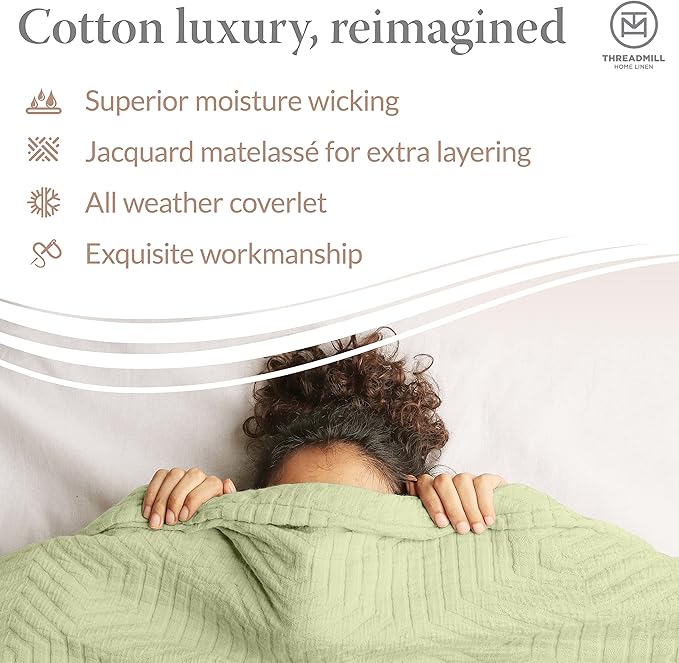 Threadmill Luxury Cotton Blankets for Queen Size Bed | All-Season 100% Cotton Queen Size Blanket | Aster Cozy Lightweight, Soft Breathable Coverlet fits Full Size Bed, 90x92 | Sage Green