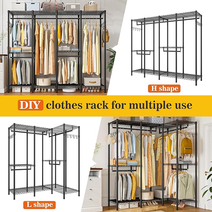 Raybee Clothes Rack Heavy Duty Clothing Racks for Hanging Clothes Loads 1100LBS, Garment Rack Freestanding for Bedroom, 75" H x 75" W x 15.7" D, Black
