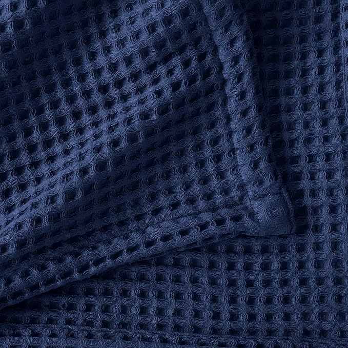 100% Cotton Waffle Weave Bed Blanket | Soft, Breathable, and Lightweight Blanket for All-Season | Perfect for Layering | Brielle Collection (Full/Queen, Navy)