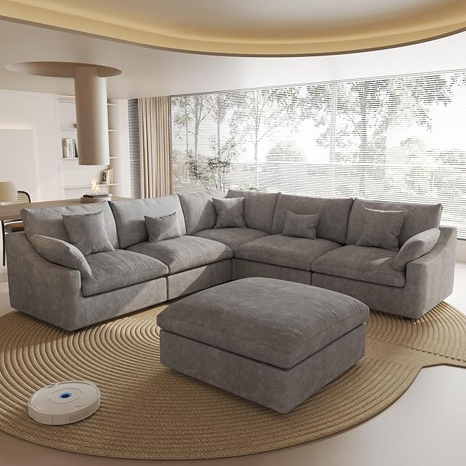 Modular Sectional Sofa Couch, 119.29" V Shaped Modular Couch with Ottoman, Down Filled Convertible Sofa for Living Room, 6 Seat Wide Couches,Cushion Covers Removable,Gray