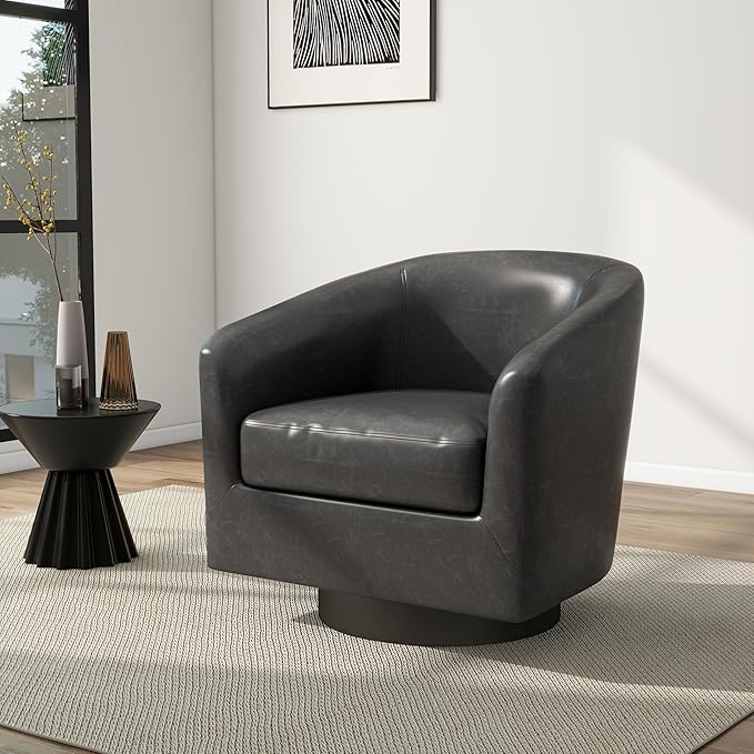 Swivel Barrel Chair, Modern Round PU Leather Accent Armchair for Living Room, Bedroom, Oversized Comfy Club Reading Chairs for Adults (Leather Black Grey, Set of 2)