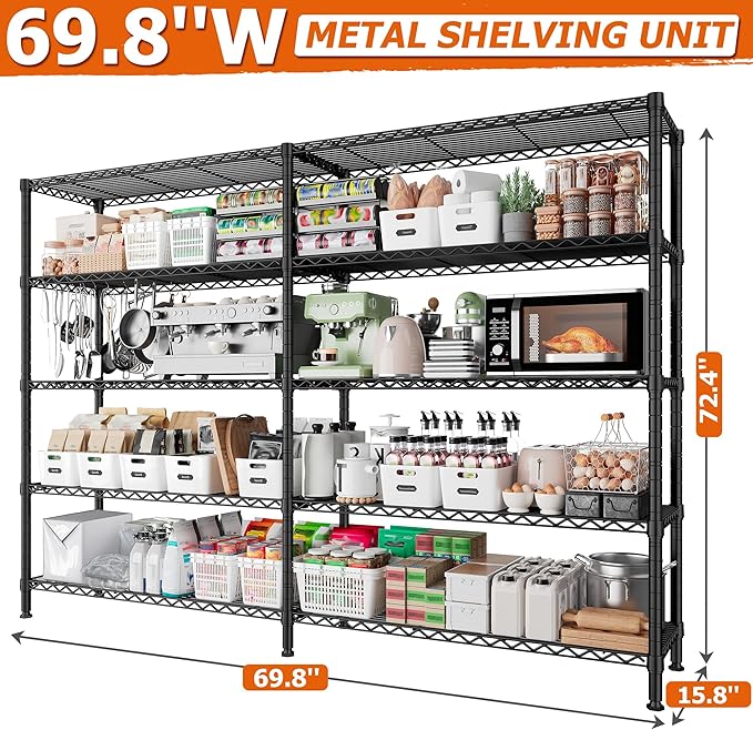 REIBII 1600LBS Storage Shelves 69.8''W Metal Shelving 5 Tier Wire Shelving Unit,Pantry Shelves Kitchen Shelves Adjustable Wire Commercial Shelf for Garage Storage Shelves, 69.8" Wx15.8 Dx72.4 H, Black