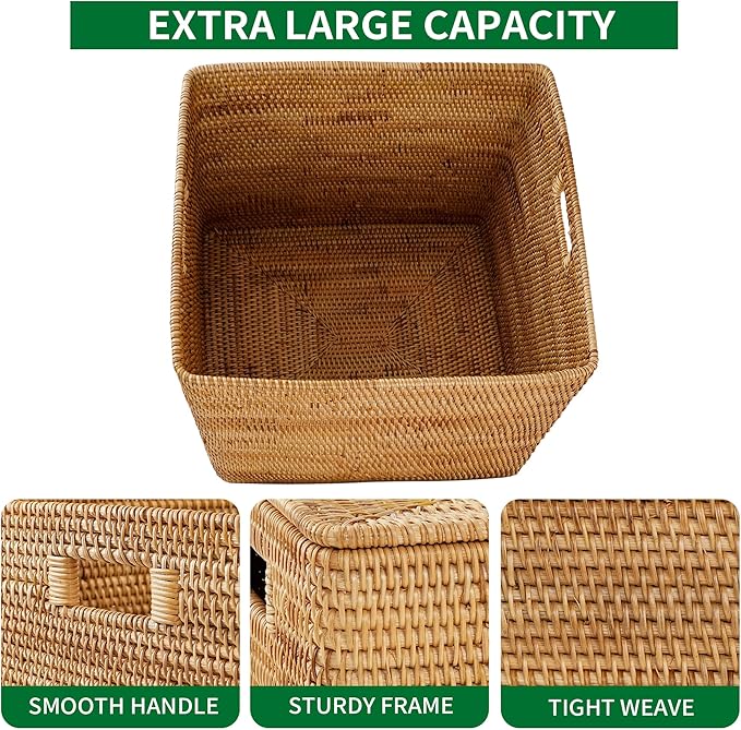 Rattan Basket With Lid, Large Lidded Basket For Storage, Rattan Box(22.8" L×19.7" W×17.7" H)
