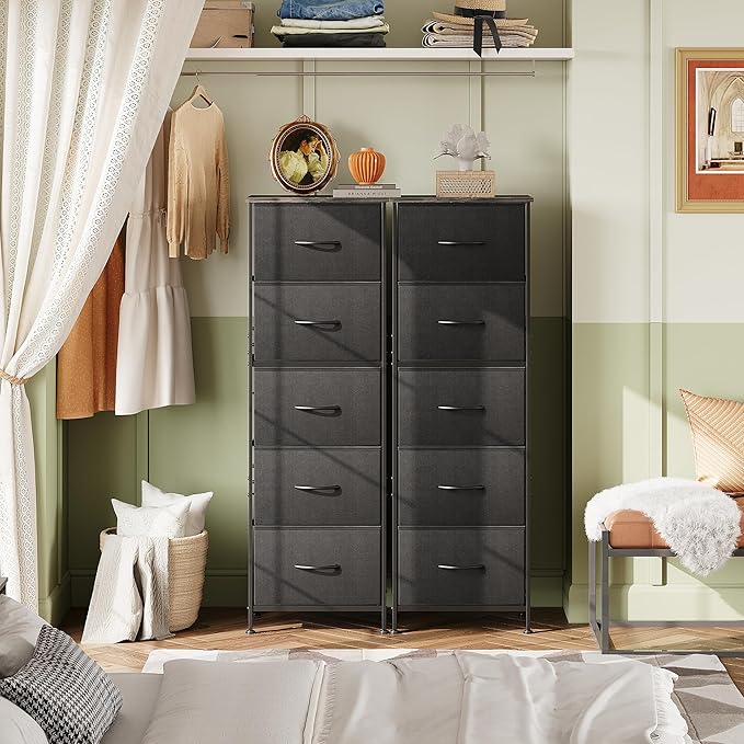 WLIVE Fabric Dresser, 5-Drawer Tall Dresser for Bedroom, Storage Organizer with Fabric Bins, Wood Top, Sturdy Steel Frame, Chest of Drawers for Closet, Hallway, Charcoal Black