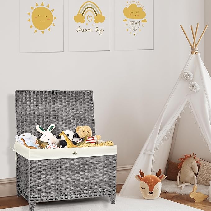 Wicker Storage Basket with Lid,Rattan Shelf Basket with Removable Liner Bag,105L Storage Bin,Storage Trunk with Heightened Feet,Storage Container for Wardrobe,Home Organizer