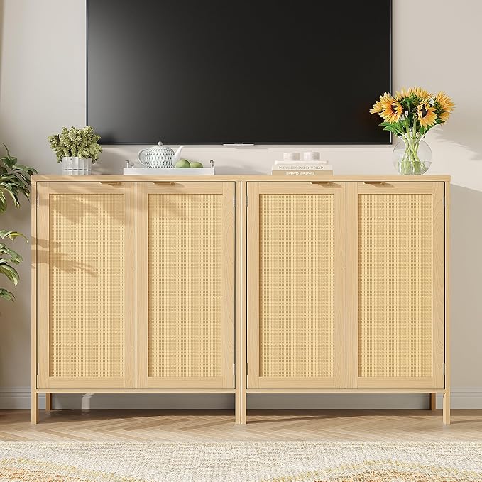 Maupvit Real Rattan Shoe Storage Cabinet with 2 Doors and 5 Shelves, Boho Shoe Organizer Cabinet, Accent Credenza Cabinets, 5-Tier Shoe Cabinet Storage for Entryway, Hallway, Living Room