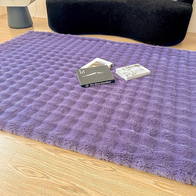 Purple Rabbit Plush Area Rug for Bedroom Living Room Sofa,3'X5' Faux Fur Fluffy Shaggy Rectangular Square Rug for Kids Teen Girls Room,Furry Carpet Rug for Nursery Baby Room Decor for Teenage