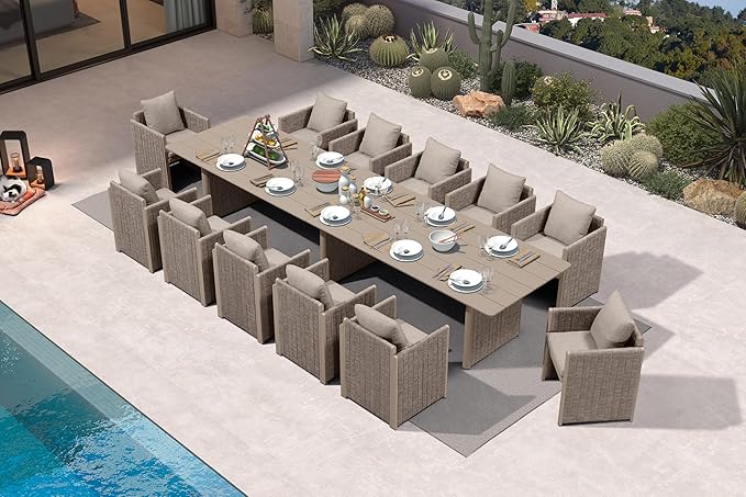 PURPLE LEAF 13 Pieces Outdoor Patio Dining Set Modern Extra Large Weather-Resistant Table and Aluminum Chairs with Olefin Fabric Cushions for Family Dinners Indoor Decor Kitchen Beige