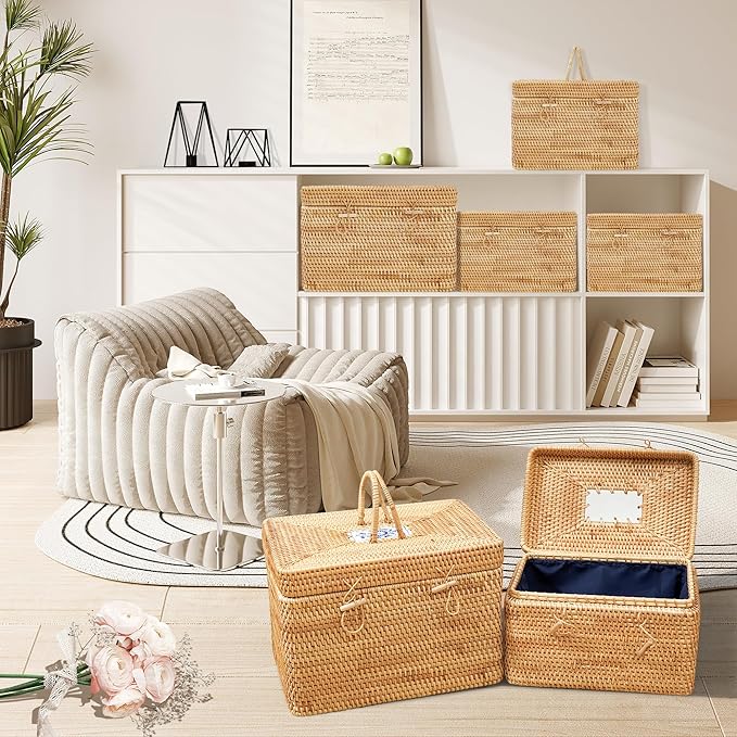 Rattan Basket With Lid,Blue-and-white Porcelain Decoration Design,Large Storage Basket Lidded,Rattan Box For Shelf (12" L×8"W×7.5"H)