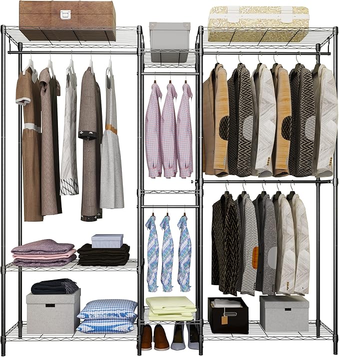 6 Tiers Heavy Duty Clothes Shelf,Metal Garment Rack, Adjustable Garment Rack with Hanging Rod and Wire Fixing Baskets,Max Load 720LBS,Black